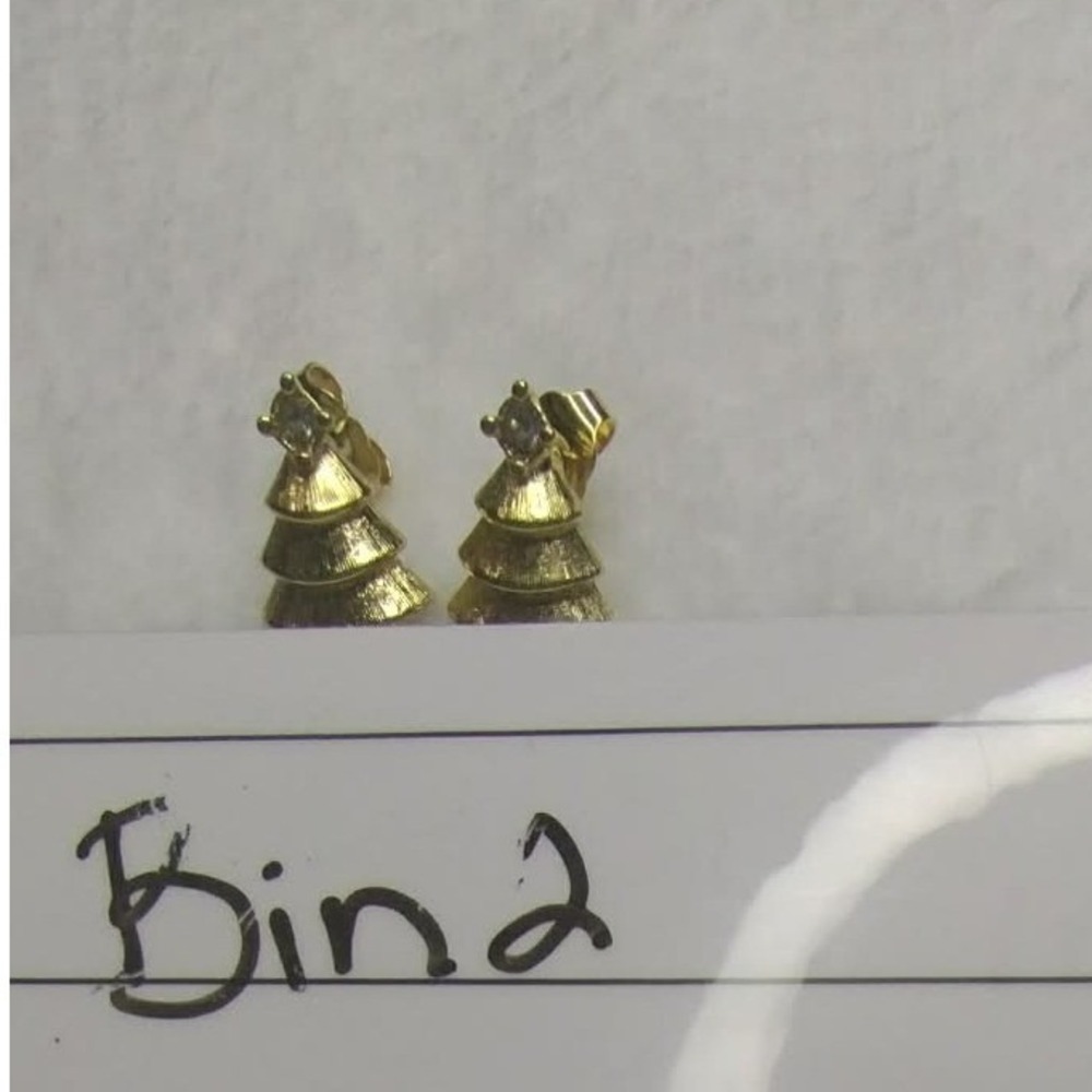 Gold Christmas Tree Stud Earrings Rhinestone Accents Holiday Festive Jewelry